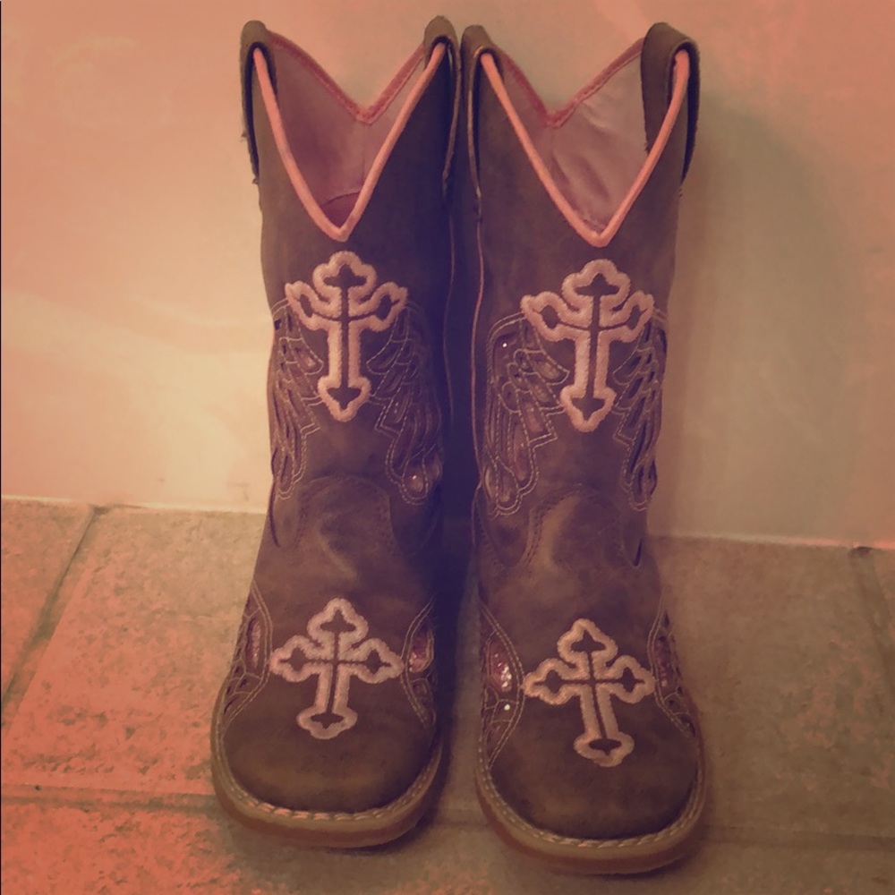 Girl's Brown w/Pink Cross Square Toe Western Boots